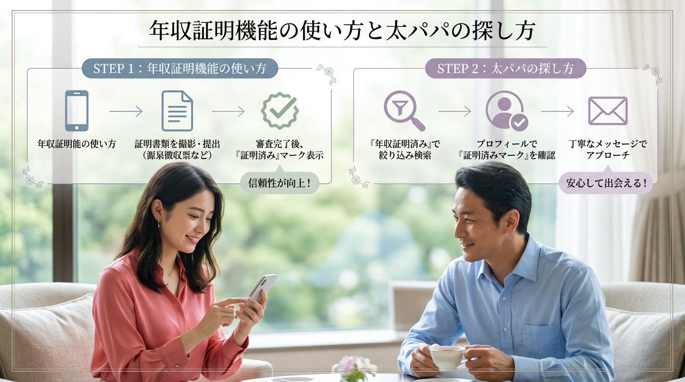年収証明機能の使い方と太パパの探し方